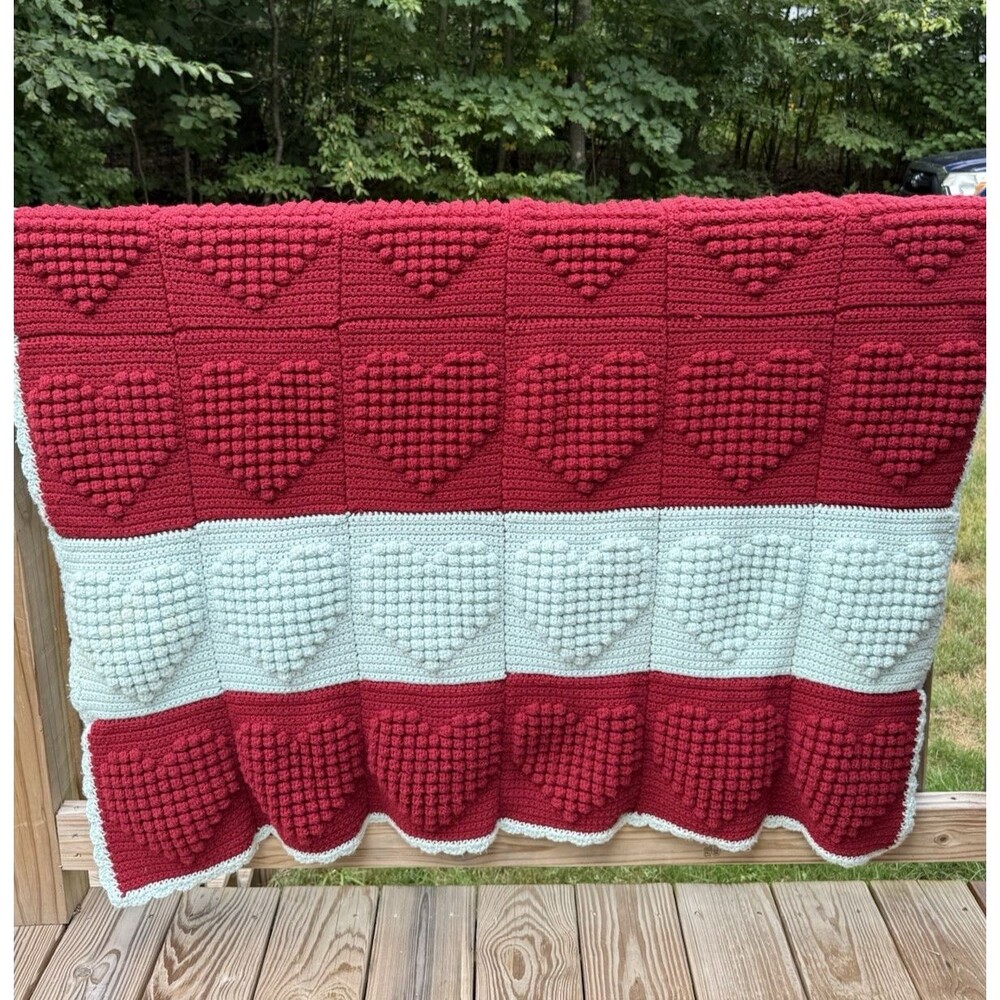 Handmade Crochet Afghan Blanket 3D Rose Granny Square  Red / Aqua Throw NICE
